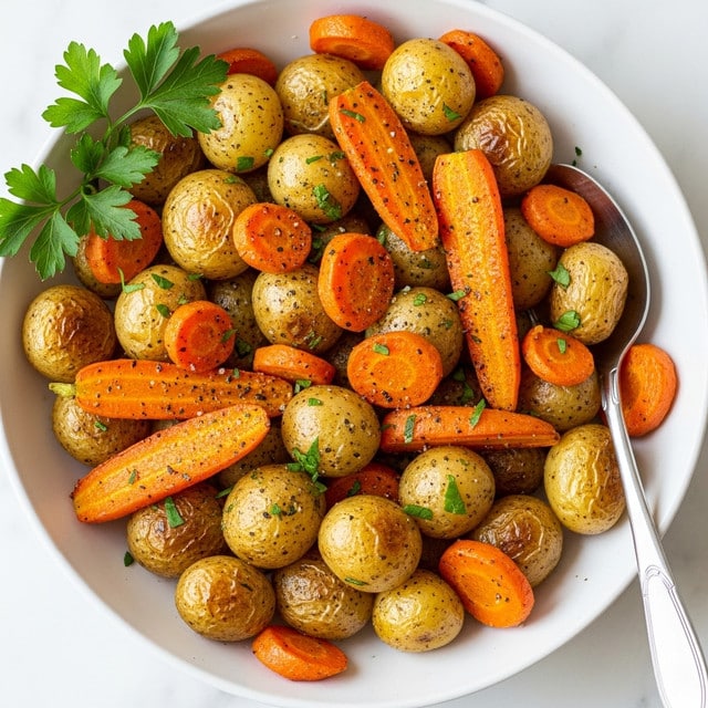 A white bowl filled with roasted baby potatoes and sliced carrots forms the dish, showing about two layers of vegetables. The potatoes are golden yellow with a browned, crispy skin texture, and the carrots are bright orange with a glossy, slightly roasted surface. The vegetables are sprinkled with small green herb pieces and black pepper, creating a speckled effect. A silver spoon lies on the right side of the bowl, partly covered by the vegetables. Fresh green parsley sprigs are placed as a garnish on the edge of the bowl. The bowl is set on a white marbled surface. photo taken with an iphone --ar 4:5 --v 7