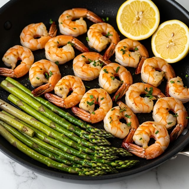 A close-up view of a black pan filled with two main layers: the bottom layer is light to dark green asparagus spears laid parallel, while the top layer shows many cooked shrimp arranged evenly with orange-pink shells and slight grill marks, sprinkled with small green herbs. Two thin round lemon slices rest in the top right corner, adding yellow and white contrast. The whole scene sits on a white marbled texture. photo taken with an iphone --ar 4:5 --v 7