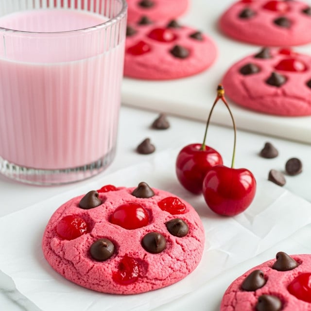 A close-up view shows a single round pink cookie studded with dark brown chocolate chips and bright red cherry pieces scattered throughout; it rests on a piece of white parchment paper on a white marbled surface. Behind the cookie, a clear ribbed glass filled with pink milk adds a soft glow to the scene. Nearby, two shiny red cherries with stems lie next to the cookie, and additional chocolate chips are scattered around. In the background, more of the same pink cookies with chocolate chips and cherry pieces are slightly out of focus. photo taken with an iphone --ar 4:5 --v 7