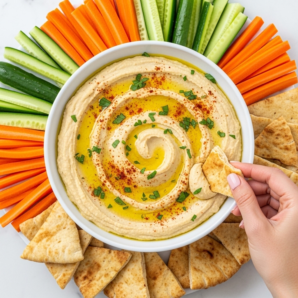 A white bowl filled with creamy, pale beige hummus spread smoothly with swirling patterns on the surface. On top, there are generous pools of golden olive oil resting in the grooves of the hummus. The dish is sprinkled with fresh, small green parsley pieces and a light dusting of reddish-brown paprika, adding texture and contrast. The bowl sits on a white marbled surface that complements the light colors of the hummus and garnishes. photo taken with an iphone --ar 4:5 --v 7
