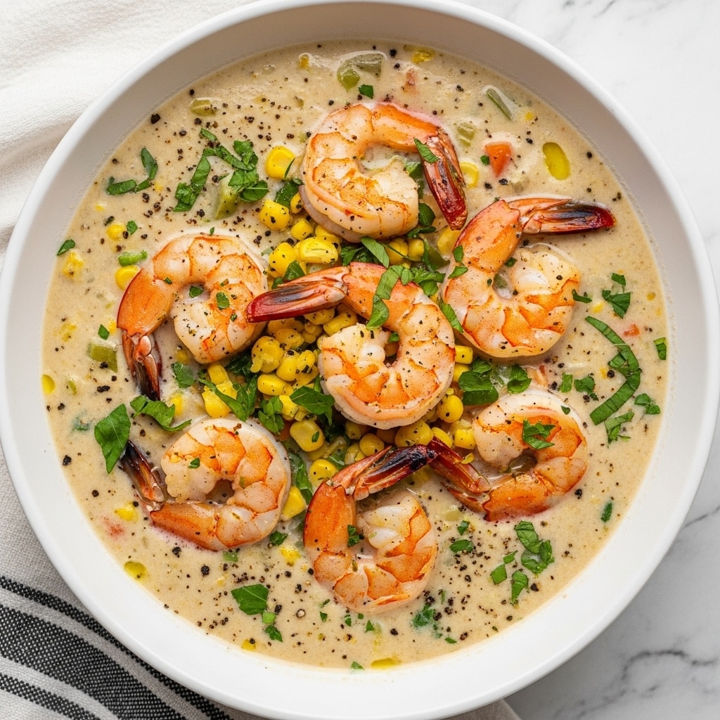 A white bowl filled with creamy light orange soup, with several cooked shrimp showing their pink tails and white bodies scattered throughout. There are small bits of red and yellow vegetables mixed in, along with green chopped herbs sprinkled on top. The soup surface is dotted with black pepper, creating a speckled texture. The bowl sits on a white marbled surface with some green leaves in the background. photo taken with an iphone --ar 4:5 --v 7