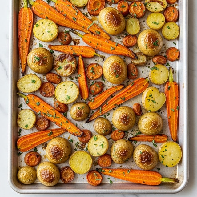 The image shows a baking sheet covered with roasted vegetables, mostly small whole yellow potatoes and sliced carrots. The potatoes vary in size, with some cut in half showing a golden, slightly crispy inside, while others are whole and browned on the outside. The carrot slices are thick, bright orange, and also browned nicely from roasting. Small green herbs are scattered over the vegetables, adding a fresh touch. The baking sheet is light in color and rests on a white marbled textured surface. photo taken with an iphone --ar 4:5 --v 7