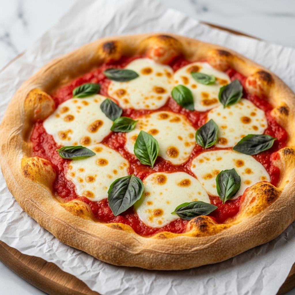A round pizza with a thick, slightly browned crust lies on crumpled white paper. The base layer is bright red tomato sauce spread evenly just inside the crust. On top of the sauce are several uneven white mozzarella cheese blobs melted with golden brown spots. Scattered over the cheese are small pieces of fresh dark green basil leaves. The pizza is set on a wooden surface with a white marbled texture visible in the background. photo taken with an iphone --ar 4:5 --v 7