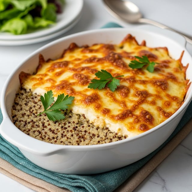 A white oval baking dish filled with a layered casserole is shown on a blue cloth on a white marbled surface. The bottom layer consists of cooked quinoa in beige and light brown tones, topped by a thick layer of melted cheese with golden brown spots and bubbly texture. Small green herbs are scattered on top and a few parsley sprigs sit in the center as garnish. In the softly blurred background, a white plate with green salad leaves and sliced radishes is visible. Photo taken with an iphone --ar 4:5 --v 7