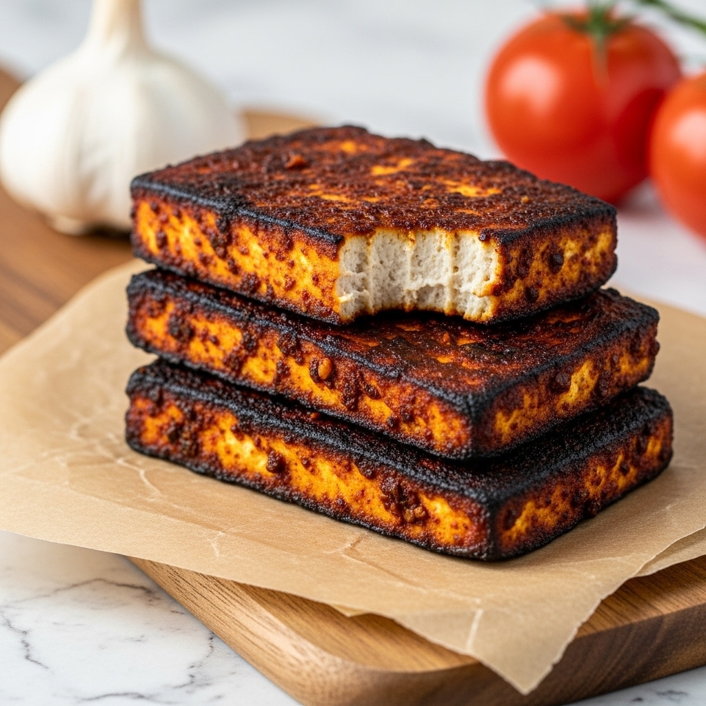 Three rectangular pieces of tofu are stacked on a piece of brown parchment paper, placed on a wooden board. The tofu pieces have a dark reddish-brown crust with some charring, showing a spicy marinade or seasoning. The top tofu piece has a bite taken out, revealing a soft, white interior. In the background, a whole garlic bulb and a red tomato are slightly out of focus. The setting includes a white marbled texture surface underneath the wooden board. photo taken with an iphone --ar 4:5 --v 7