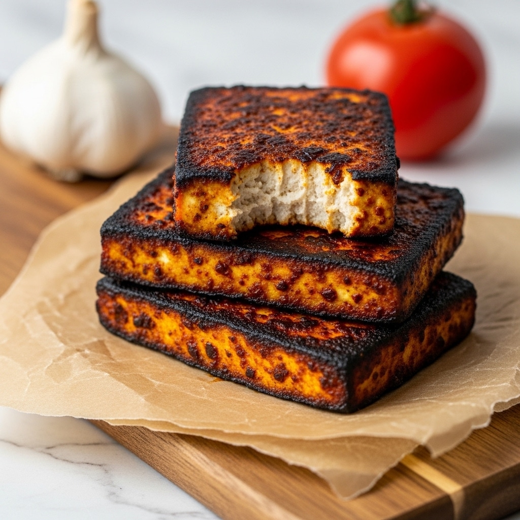 The image shows three rectangular pieces of food with a dark reddish-brown crust on the outside, placed on a piece of parchment paper on a wooden board. The middle rectangle is cut into nine small square pieces, showing a dense, light orange interior with a slightly crumbly texture. A silver fork is lifting one small square piece from the middle rectangle. The wooden board sits on a dark gray cloth on a white marbled surface, with a blurred tomato and olive oil bottle in the background. photo taken with an iphone --ar 4:5 --v 7