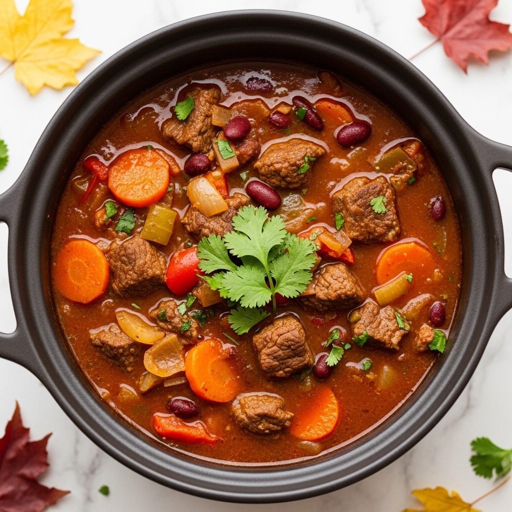 The image shows a dark brown pot filled with a thick stew of rich reddish-brown broth, chunks of tender dark brown beef, orange and red bell peppers, translucent yellow onions, red kidney beans, and small bits of green herbs. The stew is topped with bright green fresh cilantro leaves placed at the center. The pot is set on a white marbled surface with scattered autumn leaves adding a warm touch. The stew looks hearty and colorful with visible layers of meat, beans, and vegetables blending together. Photo taken with an iphone --ar 4:5 --v 7