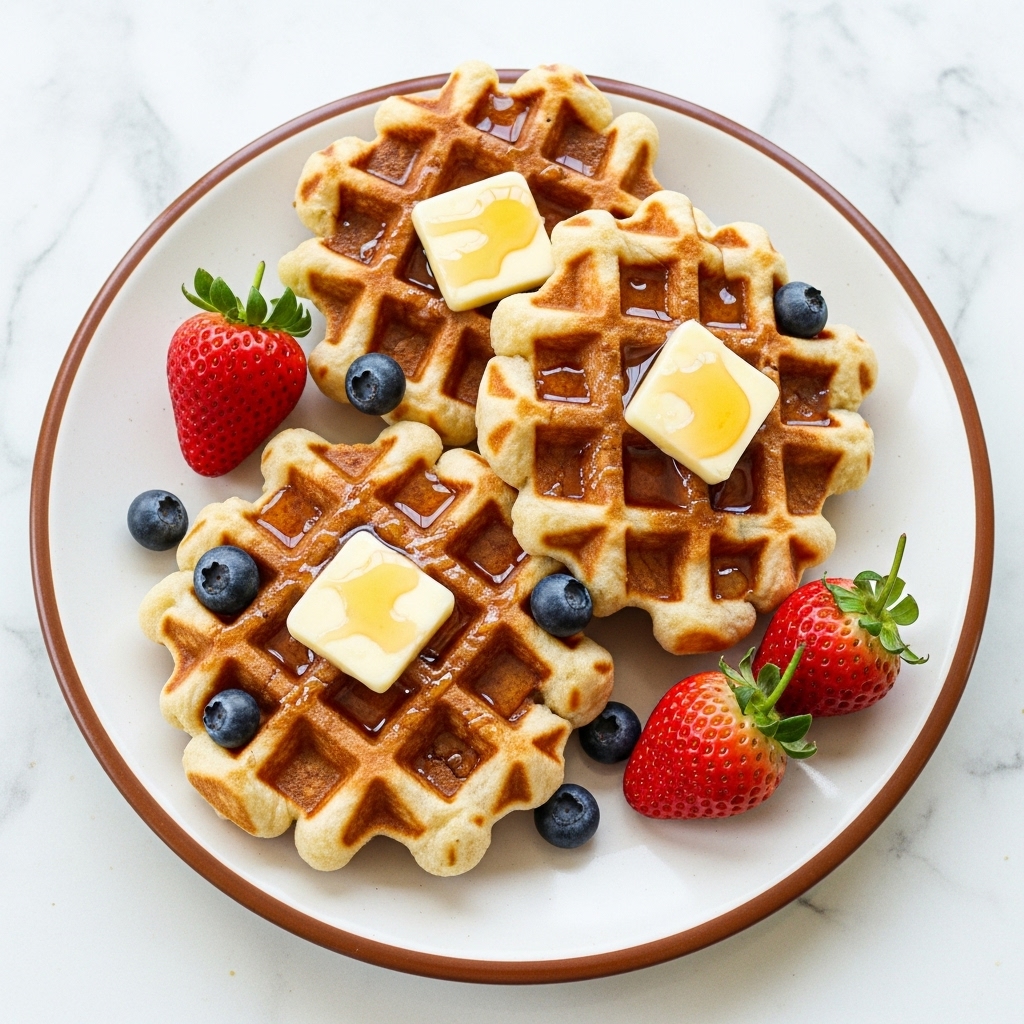 Three light golden-brown waffles with a crisp texture are arranged overlapping on a white plate with a brown rim, placed on a white marbled surface. Each waffle square is topped with a pale, melting square of butter and glossy syrup filling the ridges. Scattered around and slightly on the waffles are small dark blue blueberries and two bright red strawberries with green stems, adding fresh color contrast to the warm tones of the waffles. Photo taken with an iphone --ar 4:5 --v 7