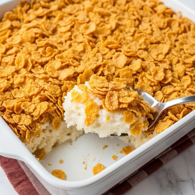 A close-up view of a baked dish in a white square baking pan, showing two main layers: the bottom layer is creamy and slightly lumpy white, likely a rice or pudding mixture, and the top layer is a crunchy golden-brown cornflake crust spread evenly over the dish. A shiny metal spoon is scooping out a portion from the right side, revealing the soft white layer underneath with some of the crunchy cornflakes clinging to it. The pan rests on a white marbled surface with a hint of a red and brown cloth underneath. photo taken with an iphone --ar 4:5 --v 7