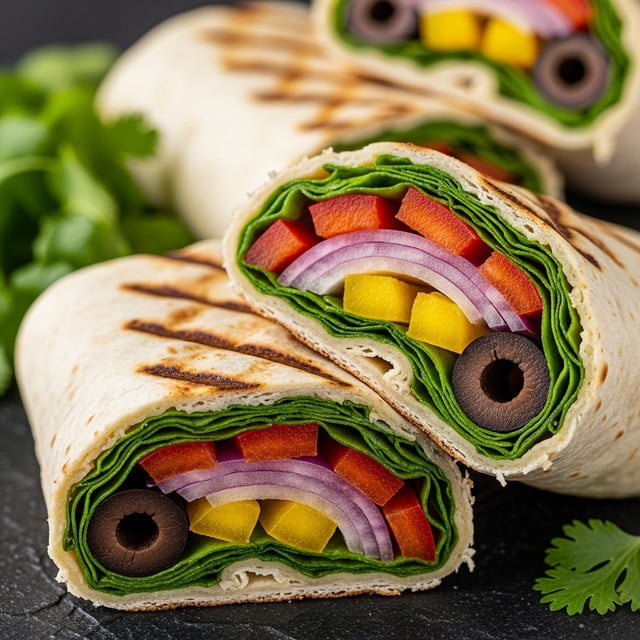 The image shows rolled wraps cut in half, each with layers tightly wrapped in a toasted golden-brown tortilla. Inside, there are vibrant layers including black olive slices, bright red bell pepper, green spinach or lettuce, thin purple onion rings, and yellow bell pepper pieces. The wraps are placed on a black textured surface with some green fresh cilantro on the side. The front wrap is in sharp focus showing clear textures of the grilled tortilla and fresh vegetables inside, while the background wraps blur softly. photo taken with an iphone --ar 4:5 --v 7