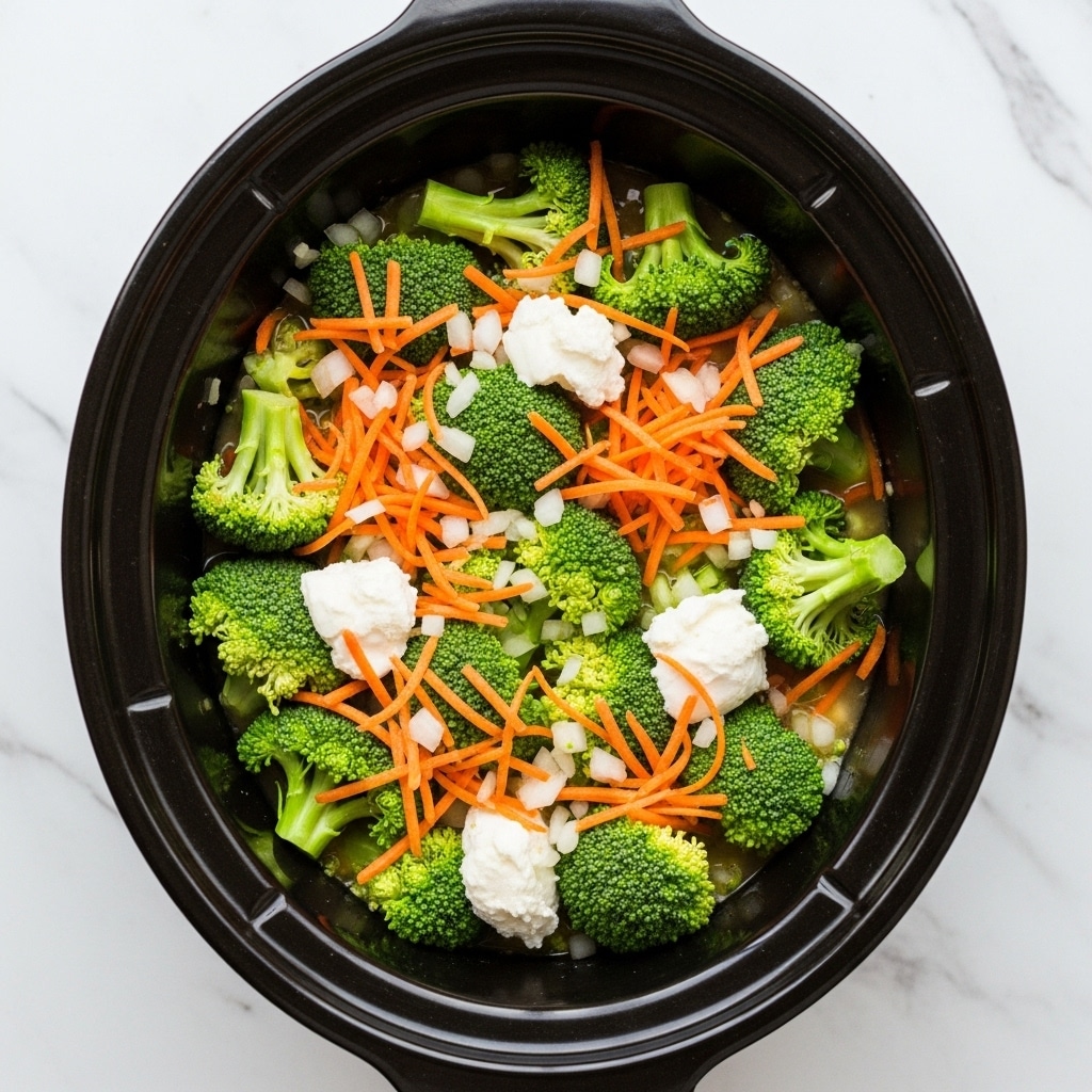 The image shows a black slow cooker filled with a fresh mix of vegetables. The base layer has bright green broccoli florets that are large with detailed, textured surfaces. Spread evenly among the broccoli are shreds of orange carrot adding a thin, rough texture and pops of color. Small pieces of finely chopped white onion are scattered throughout the dish, providing tiny, slightly glossy white spots. There are also a few dollops of creamy white cheese distributed on top, adding a soft and rich contrast to the vegetable mix. The slow cooker sits on a surface with a white marbled texture. photo taken with an iphone --ar 4:5 --v 7