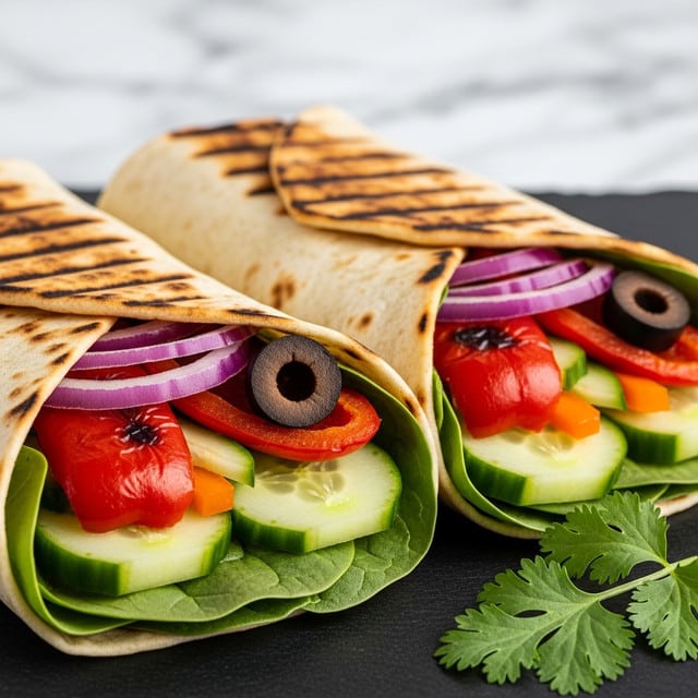 The image shows two stuffed wraps on a black surface with a white marbled texture in the background. Each wrap has a crispy, golden-brown grilled tortilla on the outside with slightly charred marks. Inside, the first visible layer is bright green leafy spinach, followed by thin cucumber slices showing light green and white. Above the cucumber is a vibrant red roasted bell pepper strip, with a black olive slice sitting near the front. There are also thin layers of purple onion rings and small pieces of orange bell pepper layered inside. Fresh green cilantro leaves are placed next to the wraps on the surface. Photo taken with an iphone --ar 4:5 --v 7