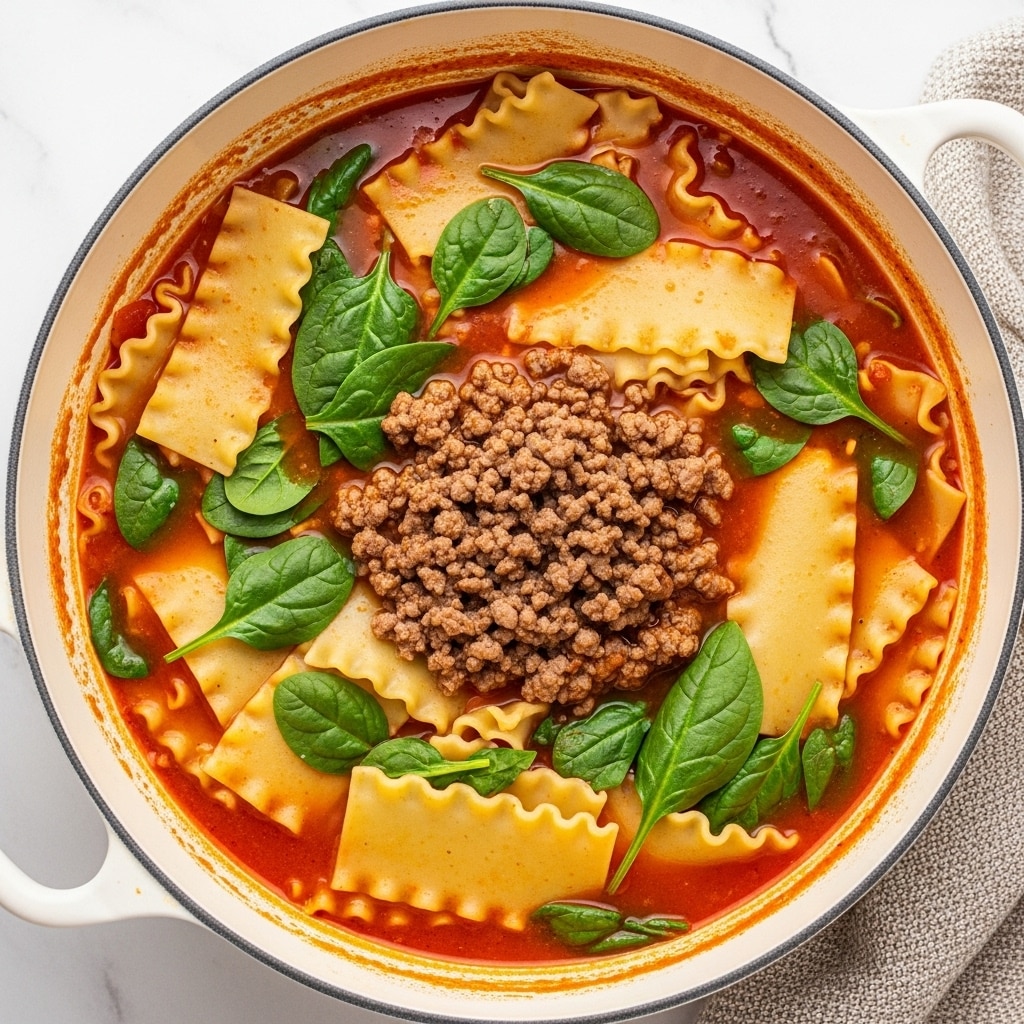 A white pot filled with a rich red tomato broth with wide, flat lasagna noodles partially submerged in the liquid, showing their pale yellow color and wavy edges. There are bright green spinach leaves scattered throughout the soup adding contrast, and a generous mound of cooked ground beef sits in the middle, its brown texture distinct on top of the noodles and broth. The inside edge of the pot shows splashes of the red broth, and the pot is placed on a white marbled surface with a beige woven cloth nearby. photo taken with an iphone --ar 4:5 --v 7