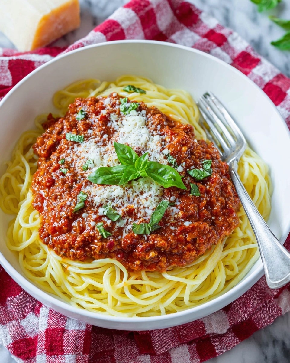 A white bowl filled with a base layer of yellow cooked spaghetti noodles, topped with a thick layer of red meat sauce that has a chunky texture, sprinkled with a light layer of finely grated white cheese, and garnished with fresh green basil leaves scattered on top. A silver fork rests on the right edge of the bowl. The bowl is placed on a red and white checkered cloth over a white marbled surface. Photo taken with an iphone --ar 4:5 --v 7
