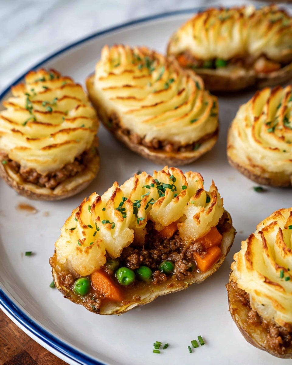 The image shows a white oval plate with a blue rim holding five halves of baked potatoes. Each potato half is filled with a browned, piped layer of mashed potatoes on top, which are golden and crispy with a swirled, textured pattern. Underneath the mashed potatoes, there is a visible layer of dark brown filling, likely meat or vegetables. Small green herbs, probably chives, are sprinkled over the mashed potato topping. The plate is placed on a white marbled surface, and there are fresh green herbs and whole carrots partly visible around the plate. photo taken with an iphone --ar 4:5 --v 7
