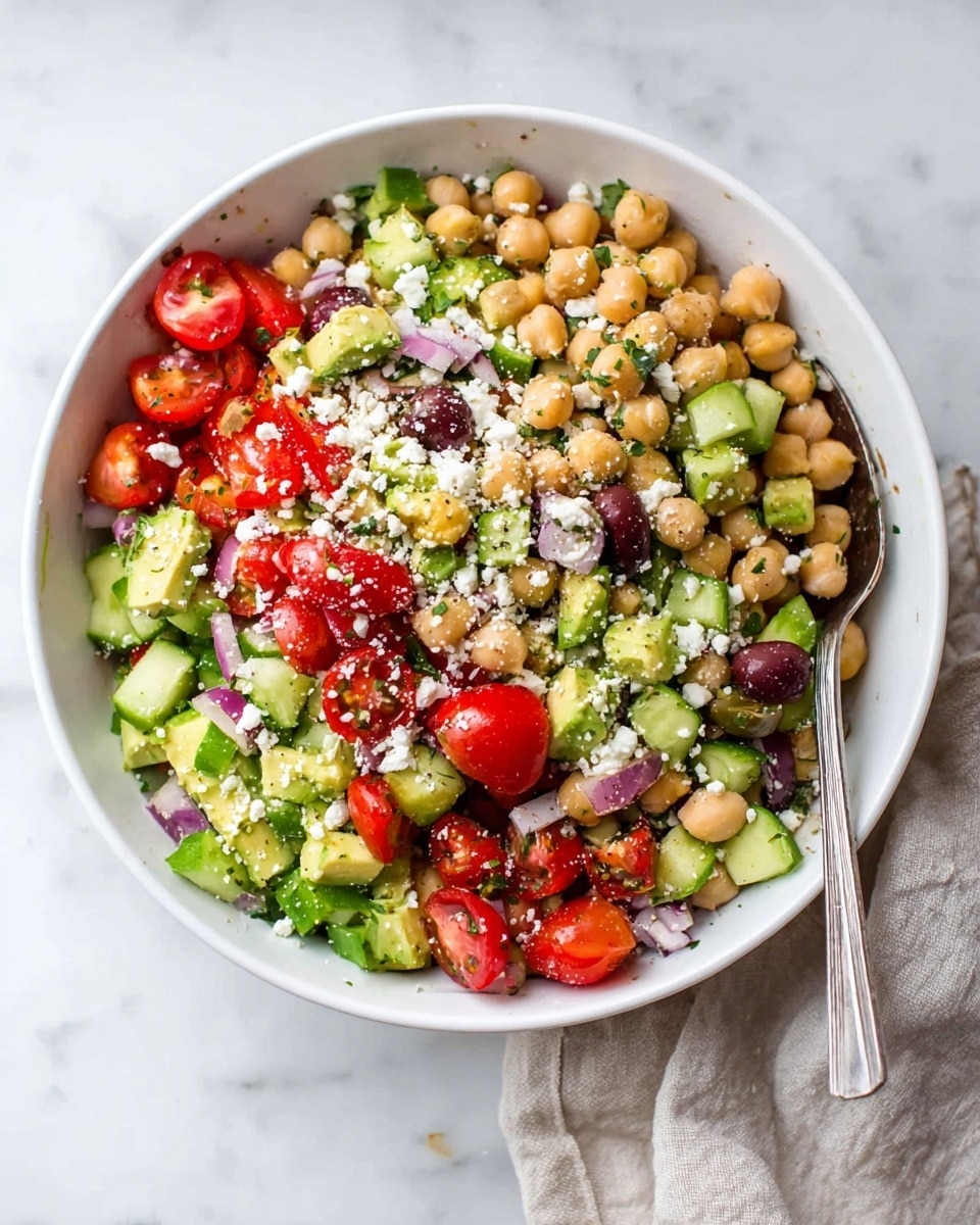 A white bowl sits on a white marbled surface filled with a fresh salad made of several colorful layers: the base is a mix of light beige chickpeas and bright green cucumber chunks, followed by vibrant halved red cherry tomatoes and creamy light green avocado pieces. Scattered throughout are small bits of dark red onion and sliced green olives. The salad is topped with crumbled white cheese and is sprinkled with some herbs. A silver spoon rests inside the bowl on the right side. A soft, light-colored cloth is placed near the bowl on the surface. photo taken with an iphone --ar 4:5 --v 7