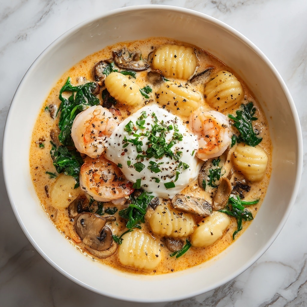 A white deep bowl filled with creamy gnocchi in a light orange sauce, mixed with small green spinach leaves and sliced brown mushrooms. Three pink shrimp sit on top, partially covered by the sauce. A dollop of white cream is placed in the center, sprinkled with finely chopped green herbs and black pepper. The gnocchi are plump and soft, with a ridged texture, sitting in a thick sauce that glistens under the light, all set against a white marbled texture background. Photo taken with an iphone --ar 4:5 --v 7