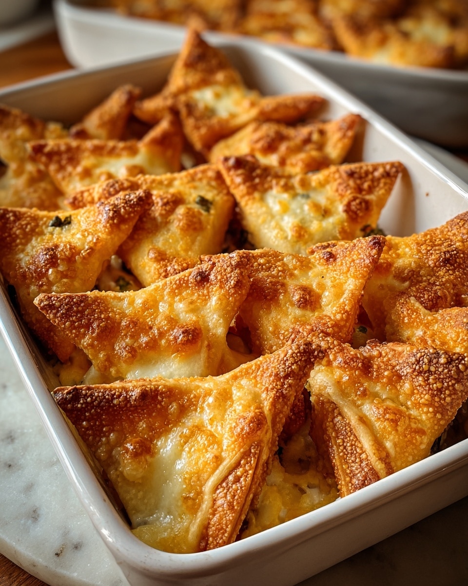 A white rectangular baking dish filled with nine triangular fried pockets, each with a crispy, golden brown textured crust that looks crunchy with small bubbles on the surface. The pockets are arranged closely together, some showing melted cheese and bits of filling oozing out from the edges in a creamy white and orange color. The dish sits on a white marbled texture, with part of another similar dish blurred in the background. The light highlights the crispy texture and melted cheese inside the pockets in warm tones. photo taken with an iphone --ar 4:5 --v 7