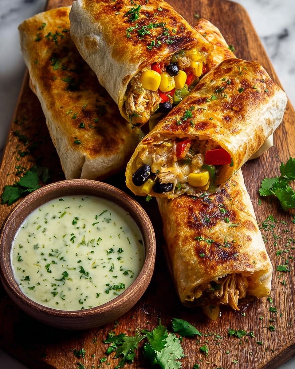 Three grilled burritos rest on a wooden board, each with a golden-brown, slightly crispy tortilla exterior sprinkled with chopped green herbs. One burrito is cut in half, showing layers inside with bright yellow corn, black beans, red bell peppers, and shredded chicken. Next to the burritos, there is a round, brown bowl filled with creamy, light green sauce speckled with herbs. Fresh green herbs are scattered on the board around the food, and the surface is replaced with a white marbled texture. photo taken with an iphone --ar 4:5 --v 7