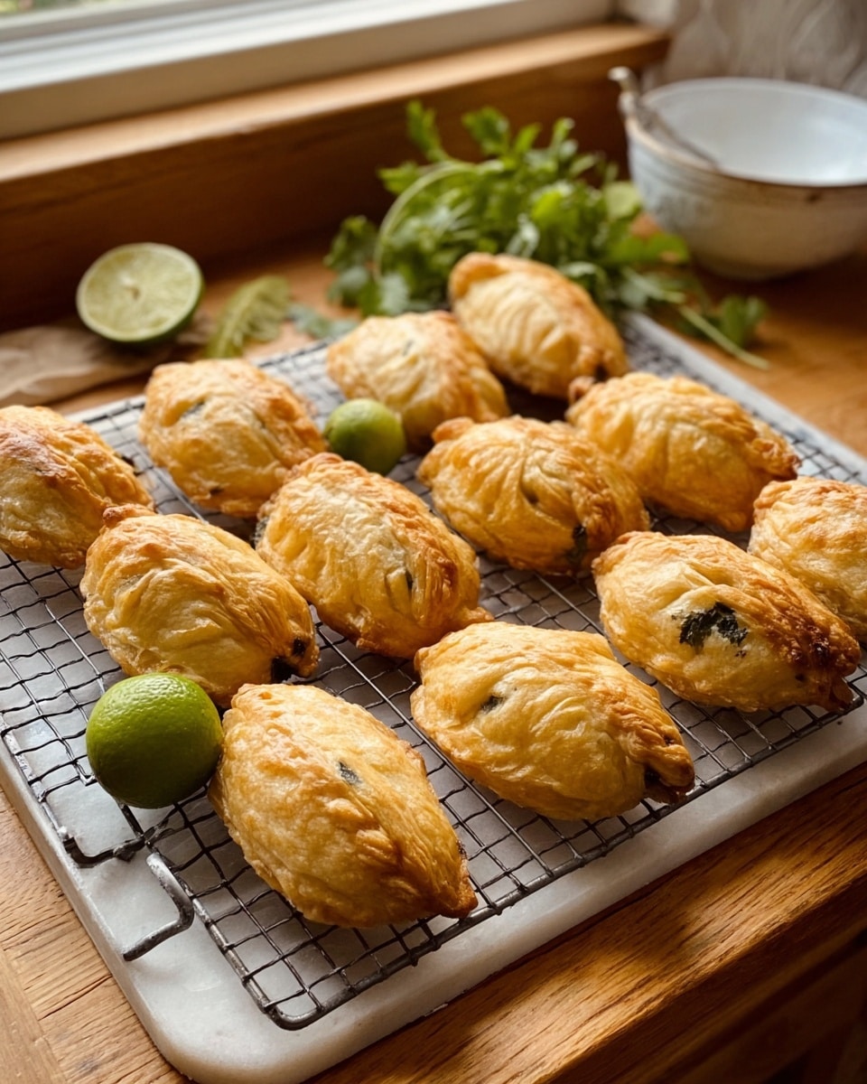 The image shows a white marbled surface with a cooling rack holding nine golden-brown pastries in two rows, each pastry having a flaky crust with slight folds and a warm, baked texture. There is a small green lime cut in half placed near the center of the rack, and a sprig of fresh green herbs next to the lime. In the background, a white bowl is placed near the edge of a wooden cutting board with a warm, natural wood grain. Soft natural light comes through a window, highlighting the pastries' crisp surface and the freshness of the lime and herbs. Photo taken with an iphone --ar 4:5 --v 7