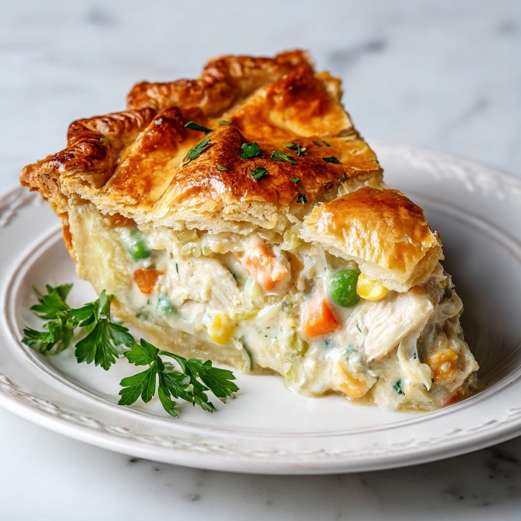 A slice of chicken pot pie sits on a white plate with a decorative edge, placed on a white marbled surface. The pie has two layers of golden-brown, flaky crust on top and bottom. Inside, the filling is creamy with visible chunks of white chicken, orange carrots, and green peas, mixed evenly. The crust on top is shiny with a slightly uneven, homemade texture. A small sprig of fresh green parsley lies beside the pie slice for garnish. Photo taken with an iphone --ar 4:5 --v 7