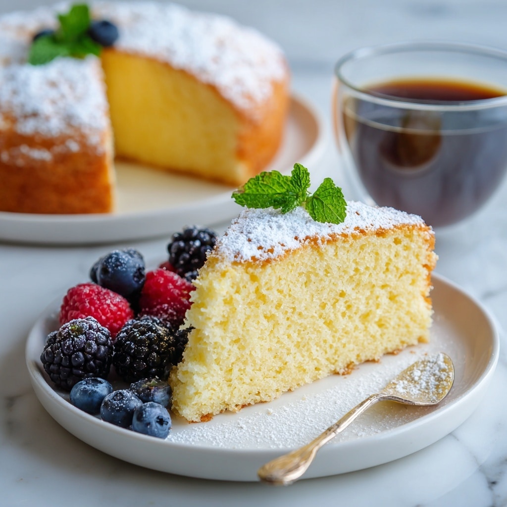 A slice of yellow sponge cake with a soft, airy texture sits on a white plate, topped with a light dusting of powdered sugar and a small green mint leaf in the center. On the left side of the slice, there are fresh mixed berries including blackberries, blueberries, and a raspberry, adding dark purple, blue, and red colors. Behind the slice, part of the whole round cake is visible, topped with powdered sugar and the same mixed berries. A clear glass cup filled with black coffee sits in the background, all placed on a white marbled surface. Photo taken with an iphone --ar 4:5 --v 7