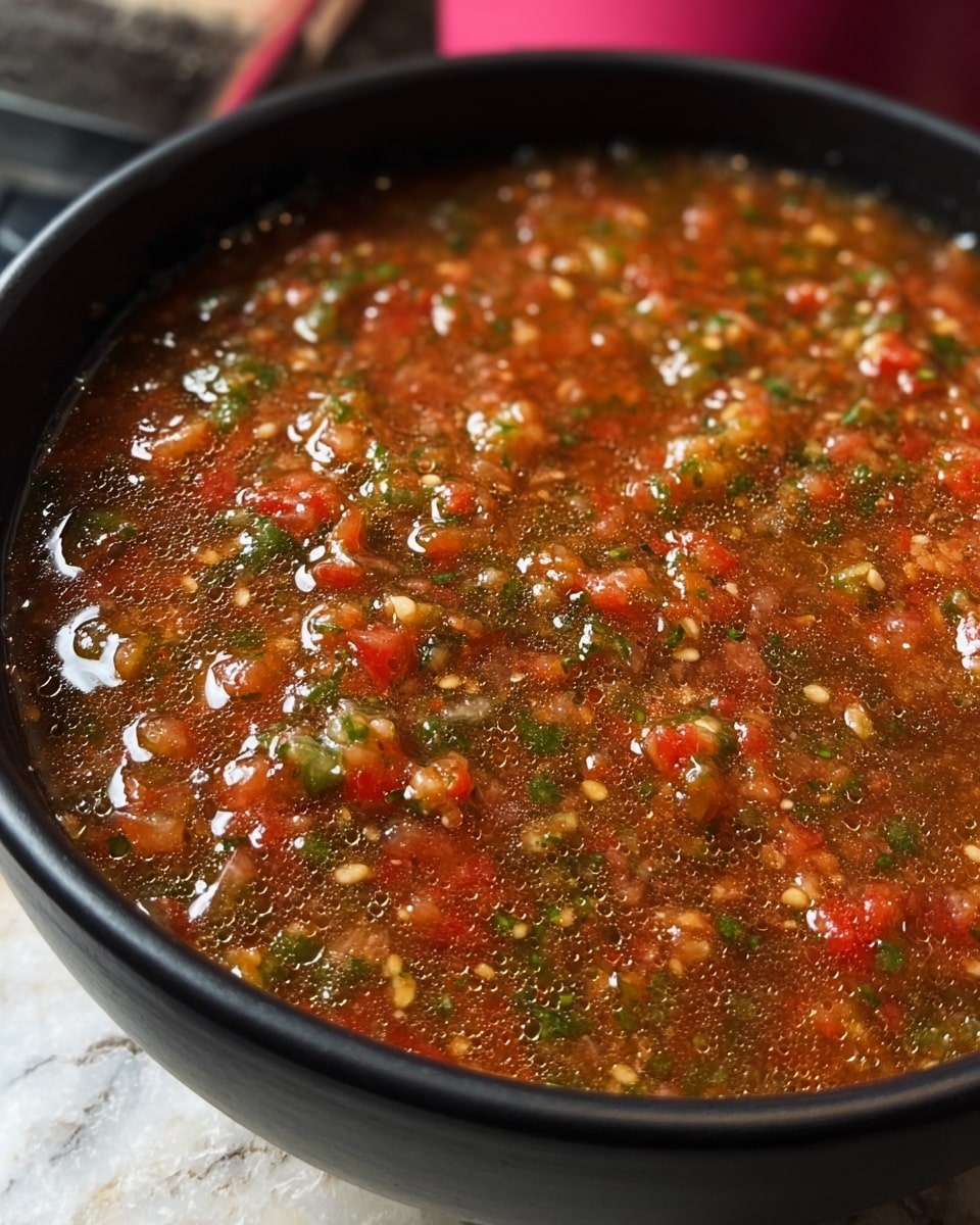 A close-up of a black bowl filled with chunky red salsa that has visible small pieces of green herbs, tiny bits of white onion, and some yellow corn kernels mixed in. The salsa looks fresh and slightly glossy, showing a thick but fluid texture with small bubbles on the surface. A metallic spoon rests inside the bowl on the left side, partially submerged in the salsa. The background is softly blurred with hints of red and yellow colors, and the bowl sits on a white marbled surface. Photo taken with an iphone --ar 4:5 --v 7
