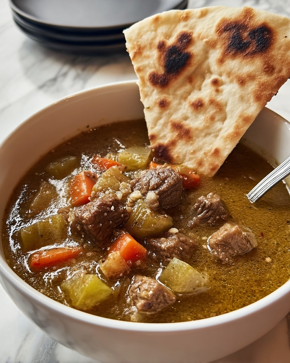 A close-up view of a white bowl filled with thick stew that has chunks of brown meat, orange carrot pieces, pale yellow potato cubes, and green vegetable bits all mixed in a glossy light brown broth. Resting on the side of the bowl, partly dipped into the stew, is a large toasted flatbread with toasted brown spots and a soft creamy beige color. The bowl sits on a white marbled surface. Photo taken with an iphone --ar 4:5 --v 7
