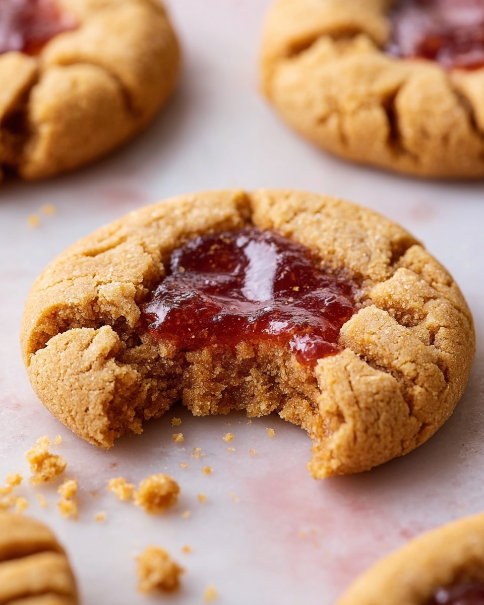 The image shows a close-up of a round peanut butter cookie with a visible bite taken from its bottom left side, revealing a thick, reddish jam layer in the middle. The cookie has a light brown, crumbly texture with cracks on the surface, and the jam filling appears glossy and smooth with a slightly uneven spread. There are small cookie crumbs scattered around the cookie on a white marbled textured surface. Additional similar cookies blurred in the background frame the main cookie. Photo taken with an iphone --ar 4:5 --v 7