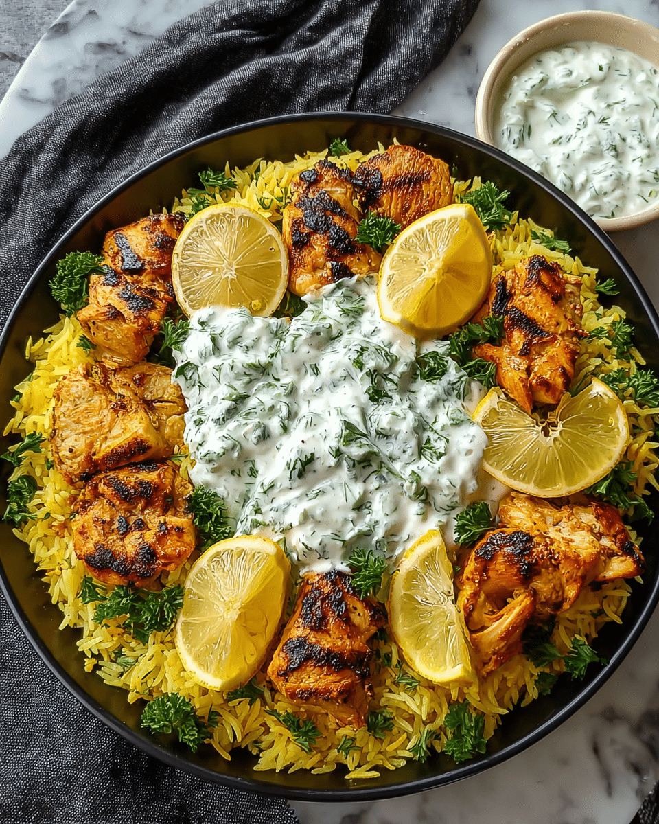 A round black bowl holds a layered dish with three main layers. The bottom layer is yellow rice, slightly fluffy with a few pieces of chopped green parsley scattered on top. On top of the rice, there are grilled chicken pieces, golden brown with visible char marks, arranged in a ring around the bowl. Lemon slices and lime halves are placed among the chicken pieces, their light yellow and green colors contrasting with the rice and chicken. In the center, there is a dollop of thick white sauce mixed with green herbs, adding a creamy texture. The bowl is set on a white marbled surface with a dark cloth partially visible underneath and a small white bowl of the same white sauce sitting nearby. Photo taken with an iphone --ar 4:5 --v 7