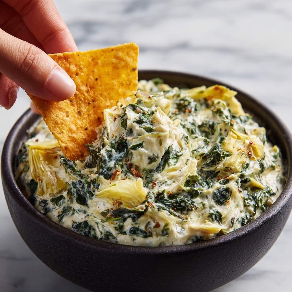 A close-up view of creamy spinach and artichoke dip with visible green spinach leaves and light yellow artichoke pieces mixed in a smooth, pale cream base, held in a dark container. A woman's hand is dipping a square, golden yellow chip into the thick, textured dip, showing the contrast between the crunchy chip and soft dip. The background shows a white marbled surface softly blurred. Photo taken with an iphone --ar 4:5 --v 7