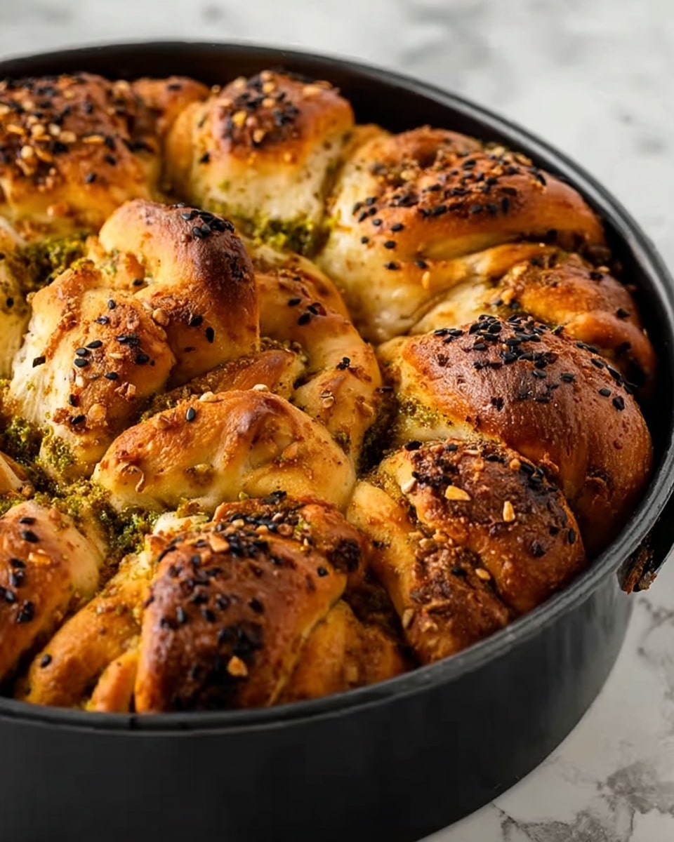 A round pull-apart bread with a golden brown crust sits in a white plate, showing layers of soft, fluffy white bread inside. The top is sprinkled with green herbs and seeds, adding texture and color. Two smaller torn pieces of the bread with visible herbs and seeds rest on a metal cooling rack beside the plate, all placed on a white marbled surface. The bread's surface shows a mix of crispy, browned edges and moist, airy bread inside. Photo taken with an iphone --ar 4:5 --v 7
