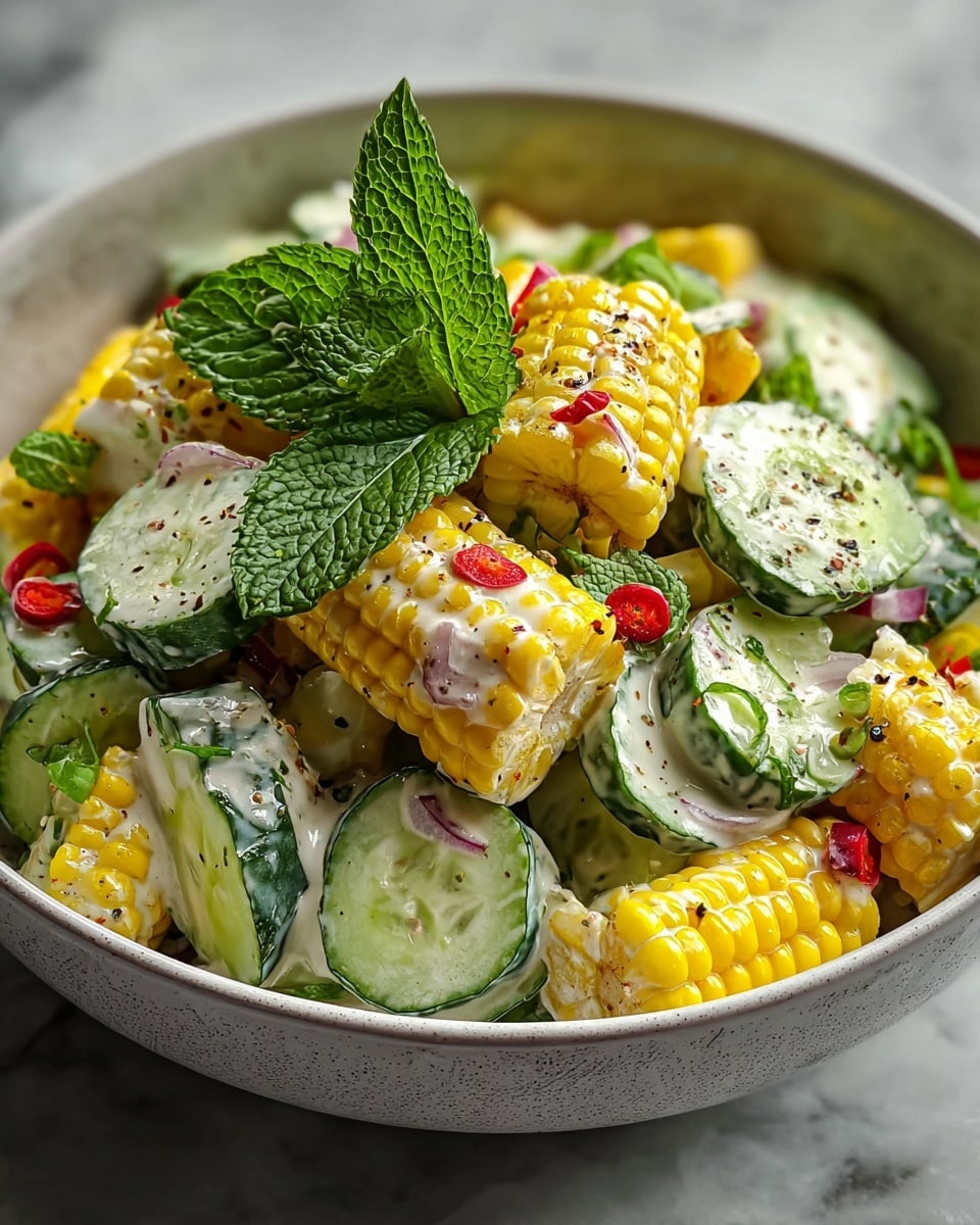 A close-up view of a salad served in a white bowl, featuring three main layers: bright yellow corn segments with a glossy texture forming the base, thick slices of green cucumber with a fresh, moist look placed evenly around the corn, and pieces of red onion adding contrast within the mix. The salad is coated with a creamy white dressing speckled with black pepper and green herbs. On top, vibrant green fresh mint leaves add a pop of color and texture. The bowl rests on a white marbled surface, enhancing the fresh and colorful presentation. Photo taken with an iphone --ar 4:5 --v 7