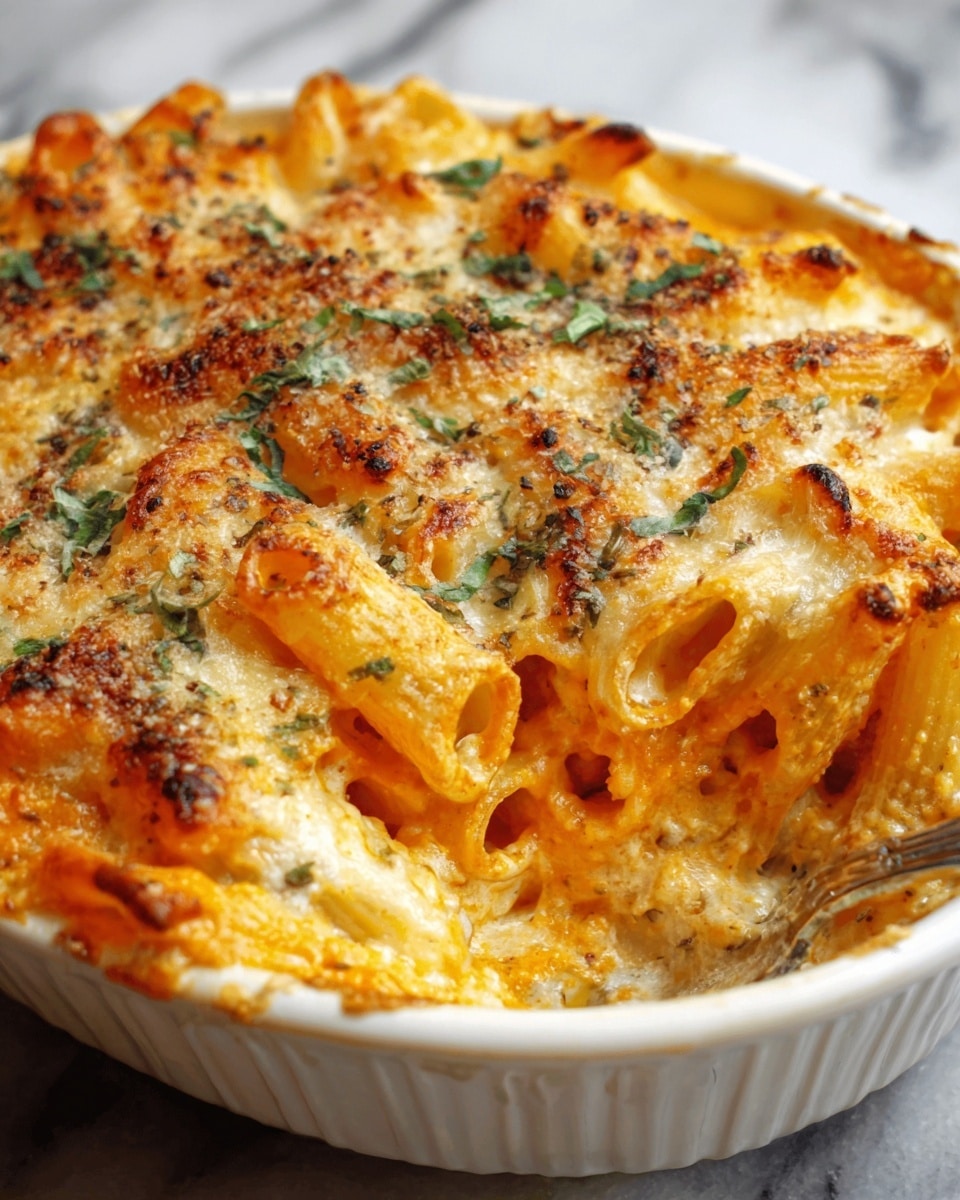 The image shows a white rectangular baking dish filled with baked pasta, layered with creamy orange sauce and melted golden-brown cheese on top. The pasta pieces are coated evenly with sauce, with some browned cheese spots adding texture to the surface. Small green herb pieces are sprinkled across the top, adding a fresh color contrast. The dish is placed on a white marbled surface. Photo taken with an iphone --ar 4:5 --v 7