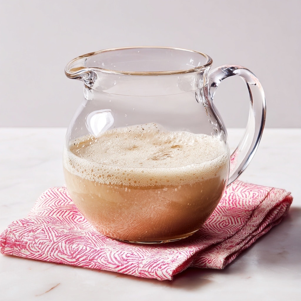 The image shows a clear blender container filled with a smooth, light brown creamy mixture with small bubbles on the surface. The blender is placed on a white marbled surface with a red and white patterned cloth underneath it, peeking out from two sides. The top view highlights the square shape of the blender container, showing the even texture and color of the blended mixture inside. Photo taken with an iphone --ar 4:5 --v 7