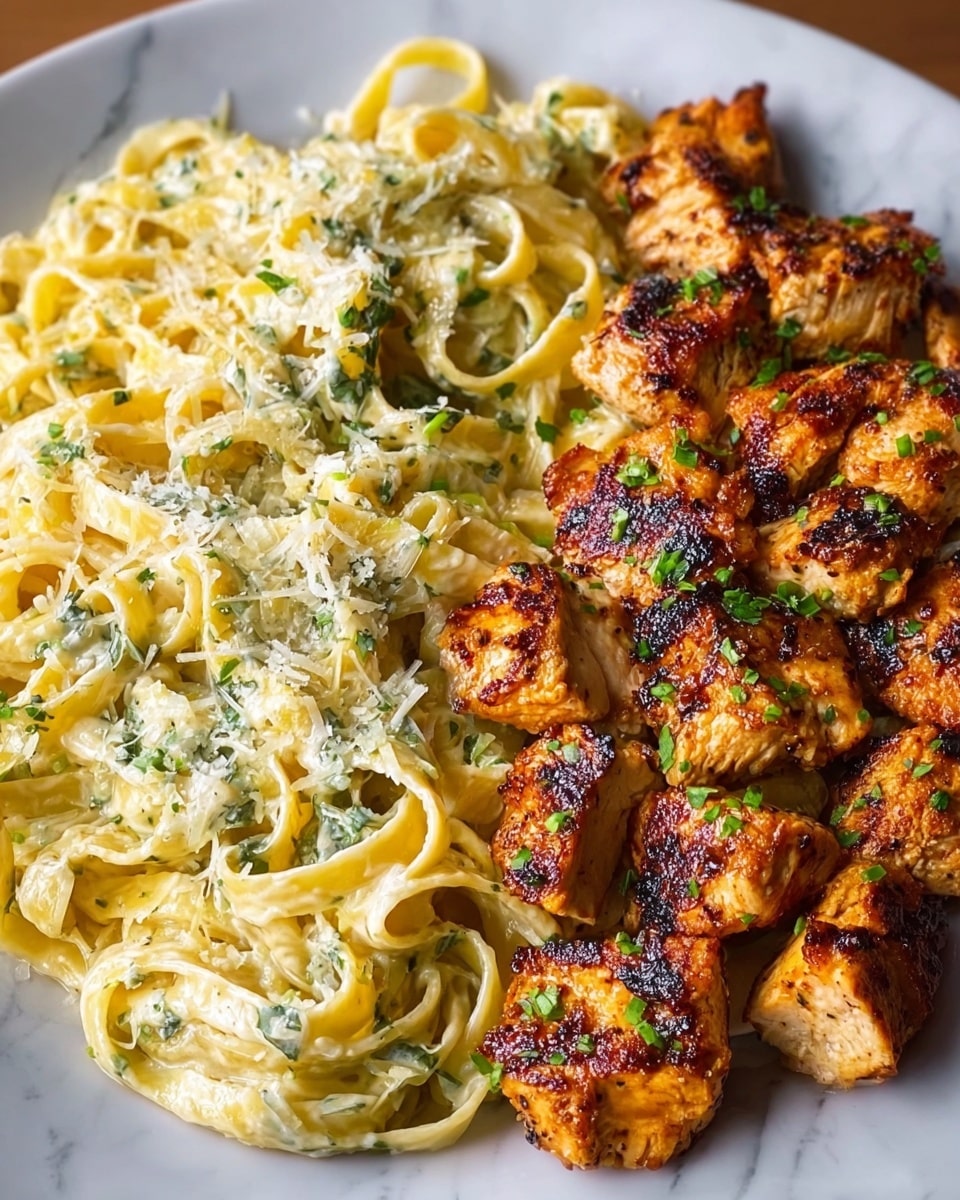 A white plate holds two main layers: on the left side, creamy fettuccine pasta mixed with green herbs and sprinkled with grated cheese, showing a smooth, rich texture; on the right side, golden-brown grilled chicken pieces cut into bite-sized cubes with a charred, slightly crispy surface topped with small green herb bits. The pasta and chicken are placed side by side, contrasting the creamy pale-yellow pasta with the warm, browned meat over a white marbled texture. Photo taken with an iphone --ar 4:5 --v 7