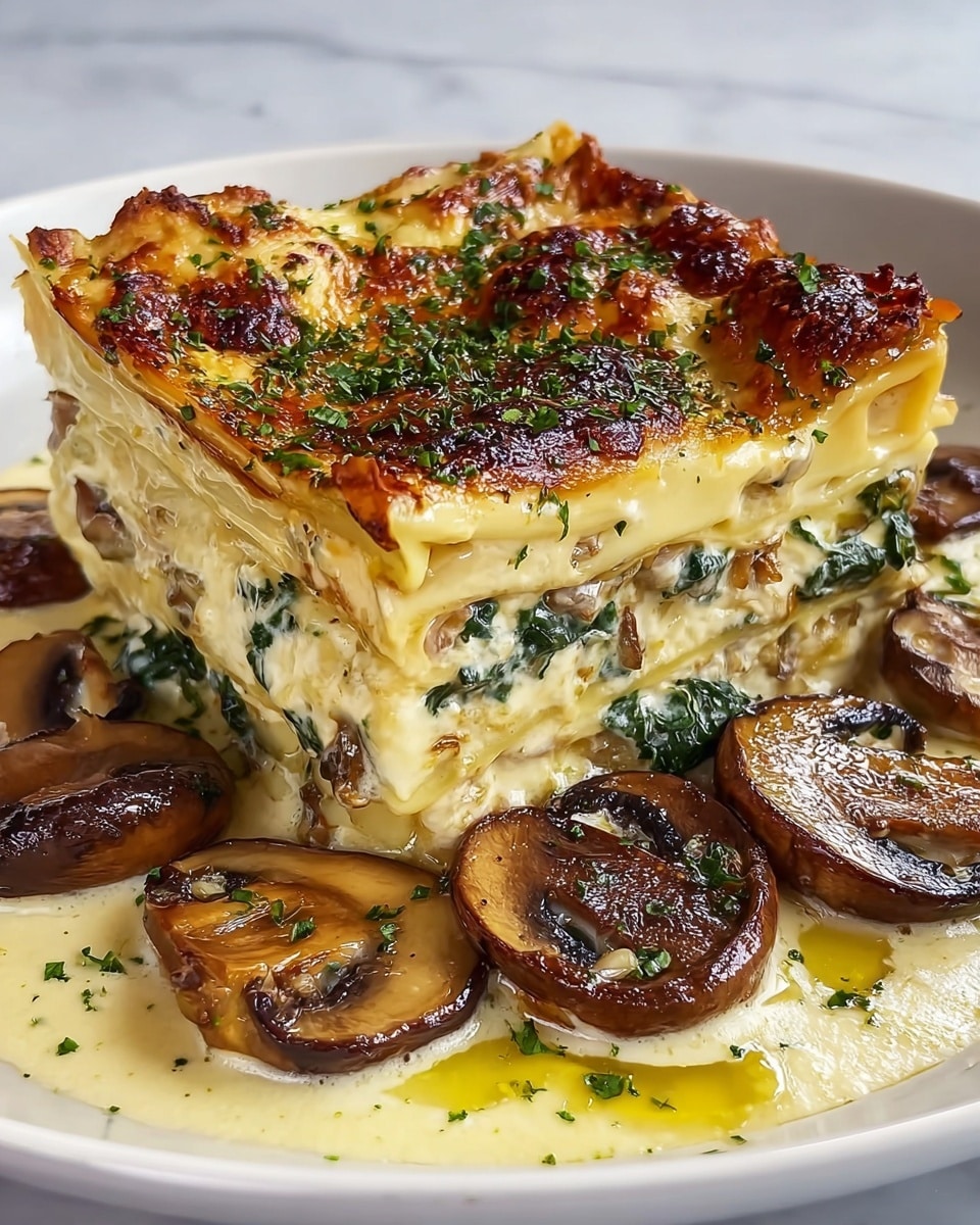 A thick square slice of lasagna sits on a white plate on a white marbled surface, showing multiple layers of creamy sauce, sautéed spinach, and tender mushrooms between soft, golden pasta sheets. The top layer is browned and bubbly with a slightly crispy texture, sprinkled with finely chopped green herbs. Around the lasagna, browned mushroom slices soak in a creamy sauce with small drops of oil, adding richness and color contrast. photo taken with an iphone --ar 4:5 --v 7