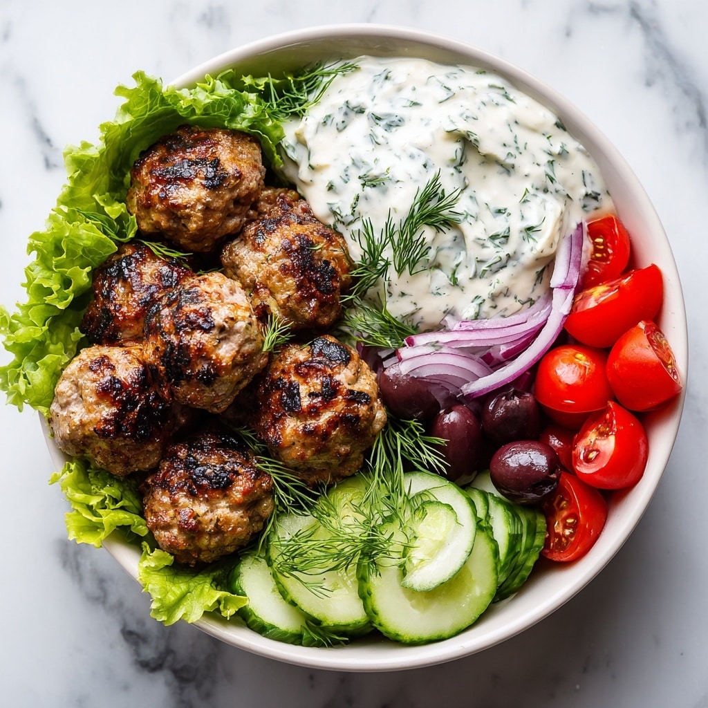 A white bowl on a white marbled surface holds a colorful layered Mediterranean dish. On the left, there are several golden-brown grilled meatballs with char marks on their tops, resting on green leafy lettuce. Next to them, a thick scoop of creamy white tzatziki sauce with specks of green herbs and small purple onion pieces sits in the center. Around the sauce, the bowl is filled with bright red halved cherry tomatoes on the upper side, thinly sliced purple-red onions to the right, shiny dark purple olives just below the onions, and fresh green cucumber slices at the bottom. Small sprigs of dill are scattered over the dish for garnish. Photo taken with an iphone --ar 4:5 --v 7