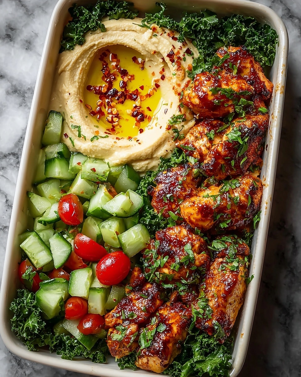 A white rectangular dish holds a colorful meal divided into three parts. On the left is a creamy layer of light beige hummus with a smooth texture, topped with a pool of golden olive oil and sprinkled with red chili flakes. Next to the hummus, in the middle layer, is a fresh salad made of chopped bright green cucumber pieces and shiny red cherry tomato halves, mixed with finely chopped green herbs, resting on a bed of curly dark green kale leaves. On the right side of the dish are grilled chicken pieces with a shiny, slightly charred brown and reddish glaze, garnished with green herbs, also laid on dark green kale leaves. The dish sits on a white marbled surface. photo taken with an iphone --ar 4:5 --v 7