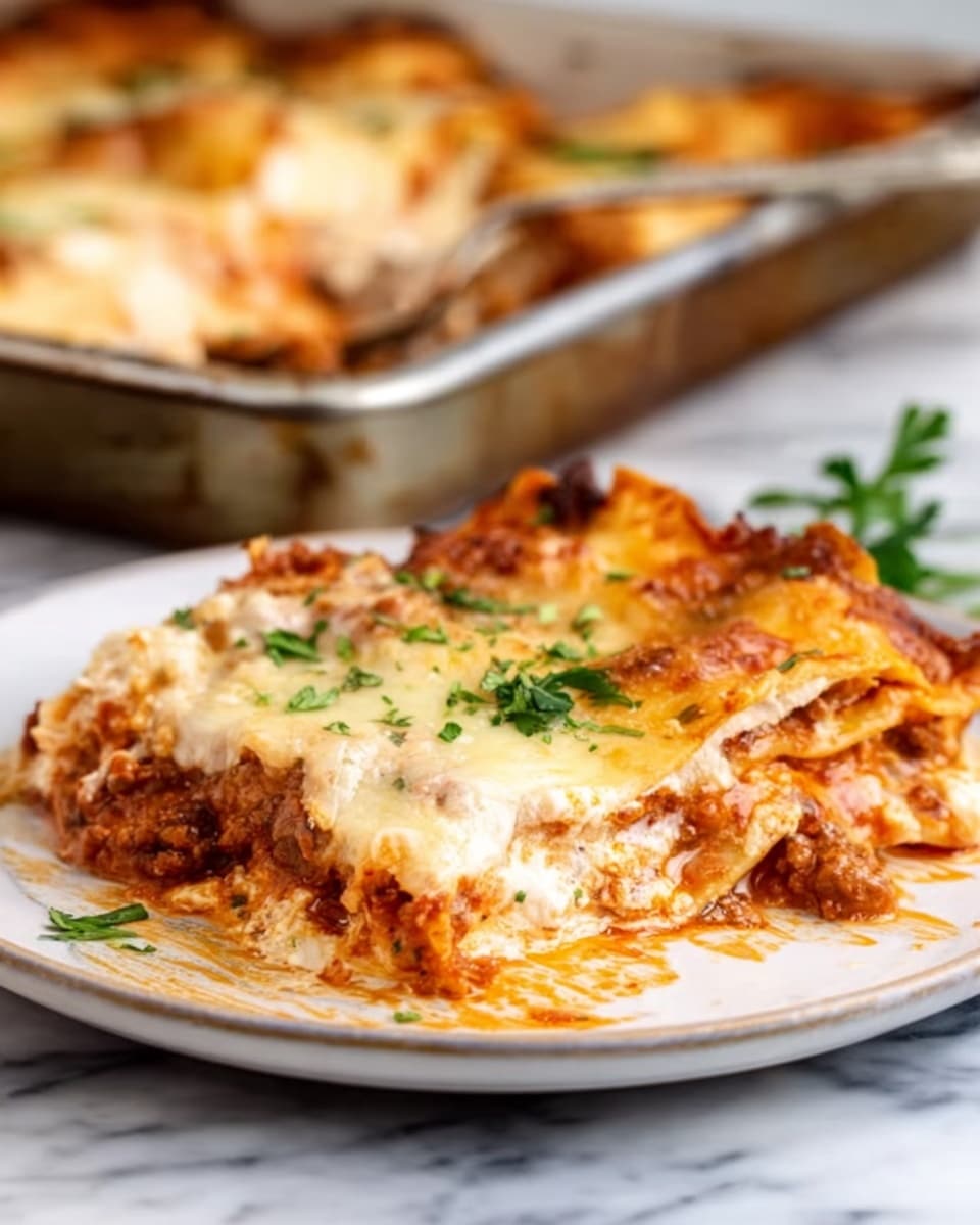 A piece of layered lasagna sits on a white plate, topped with melted cheese that is golden brown in some spots and creamy white in others. The lasagna layers show a rich red tomato sauce mixed with bits of meat and soft pasta sheets, with white cheese sauce oozing slightly from the sides. Fresh green parsley leaves are sprinkled on top and around the plate, with a small bunch of parsley placed neatly in the center as decoration. A silver fork rests on the edge of the plate, and the background is a white marbled texture. photo taken with an iphone --ar 4:5 --v 7
