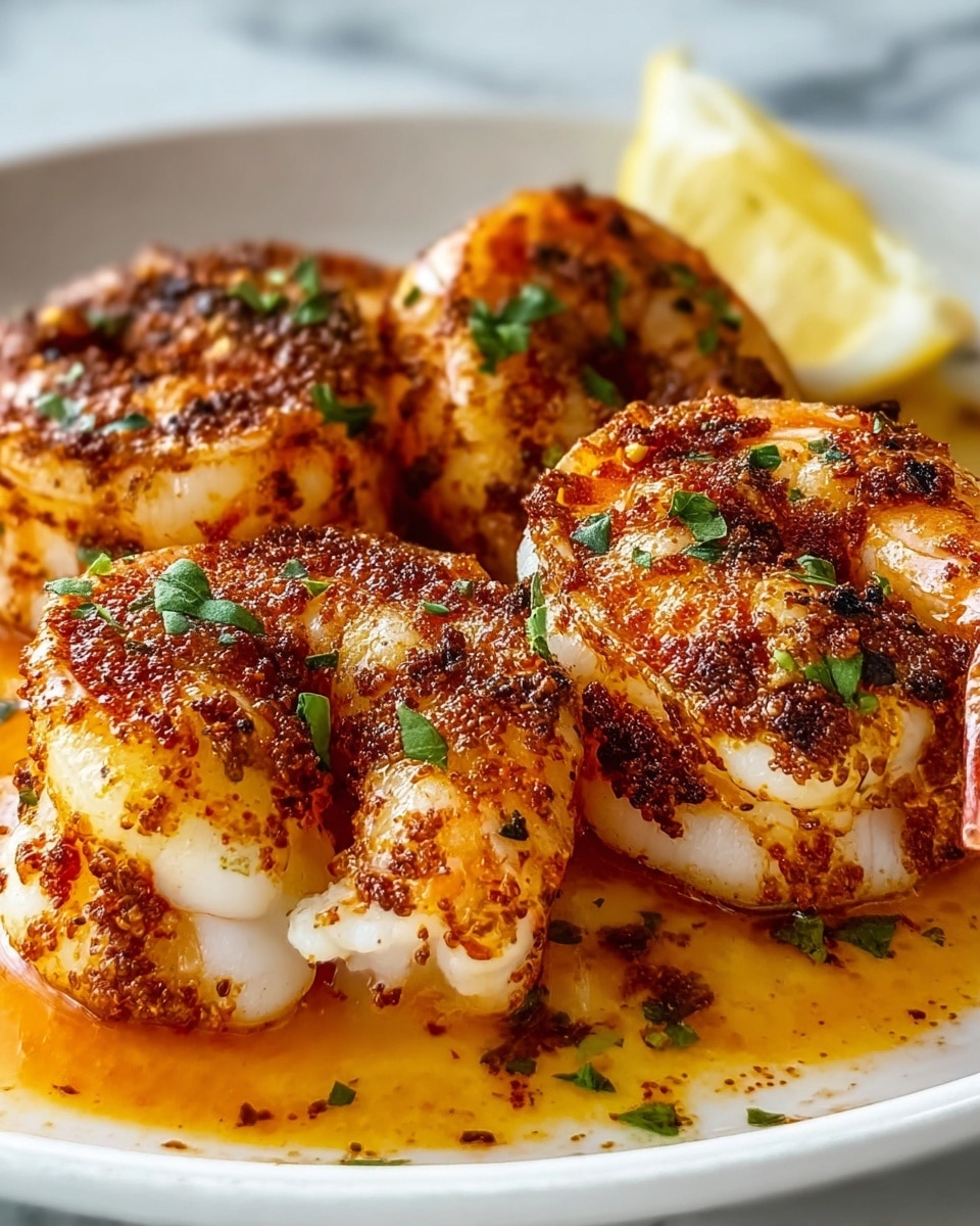 The image shows a close-up of four large shrimp covered in a reddish-brown spice mix, creating a textured, slightly charred look on the outer layer. The shrimp are white inside with visible segments and are arranged closely on a white plate with a light pool of orange sauce beneath them. Small green herb bits are sprinkled over the shrimp and sauce, adding color contrast. A small lemon wedge sits on the bottom right side of the plate. The plate is placed on a white marbled surface. photo taken with an iphone --ar 4:5 --v 7