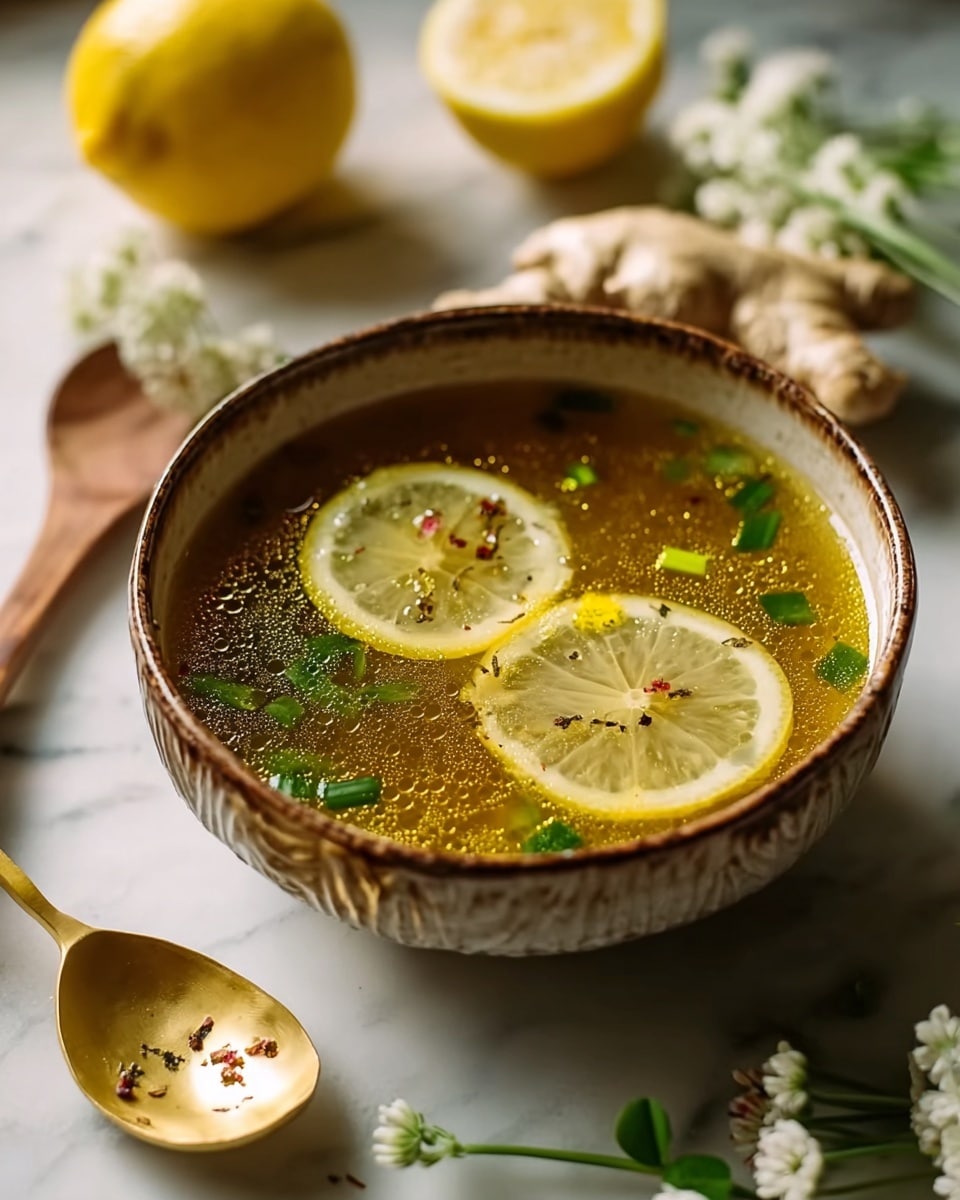 A rustic ceramic bowl with a textured brown rim sits on a white marbled surface, filled with clear golden broth that has small oil droplets floating on top. Inside the broth, two thin, translucent lemon slices float near the surface, sprinkled with tiny black pepper bits. Bright green chive pieces are scattered throughout the soup, adding a fresh pop of color. Around the bowl, there are fresh ginger roots, lemon halves, white clover flowers, and a wooden spoon with a gold-colored scoop resting beside it. The scene is softly lit, highlighting the warm tones and fresh ingredients. photo taken with an iphone --ar 4:5 --v 7
