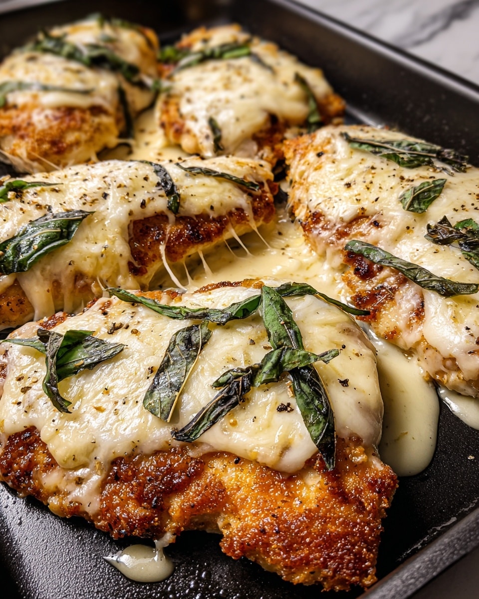 The photo shows several pieces of crispy golden-brown chicken breasts on a black baking pan. Each piece is topped with a thick layer of melted creamy white cheese that stretches slightly off the edges, bubbling and browned in spots. Thin strips of dark green basil leaves are scattered unevenly on top, adding fresh color. The cheese is glossy and gooey, contrasting with the crunchy texture of the chicken underneath. A few drops of melted cheese sauce drip onto the pan around the chicken, and the chicken has a speckled look from pepper and seasoning. The background is a white marbled texture. photo taken with an iphone --ar 4:5 --v 7