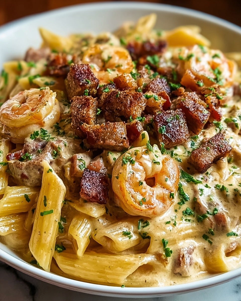 A close-up of a creamy pasta dish served in a white bowl on a white marbled surface, featuring three main layers: the base layer of yellow penne pasta, a middle layer of rich, light beige creamy sauce covering the pasta, and a top layer of browned shrimp and cubed, crispy pork pieces scattered evenly across the surface. Fresh chopped green herbs are sprinkled all over, adding a touch of color and texture contrast to the creamy and meaty elements. The rich sauce clings well to the pasta, making the dish look very comforting and flavorful. photo taken with an iphone --ar 4:5 --v 7