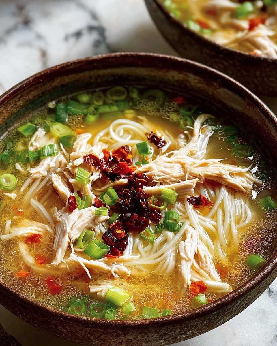A close-up view of a bowl of chicken noodle soup with a brown speckled rim, filled with thin white noodles submerged in clear golden broth. On top, several shredded pieces of pale pink chicken rest among bright green chopped spring onions and slices of green chili. There are small bits of red chili and thin orange slices scattered, adding a hint of color contrast. The soup shows a mix of textures from the soft noodles, tender chicken, and fresh vegetables, all inside the bowl resting on a white marbled surface. Photo taken with an iphone --ar 4:5 --v 7