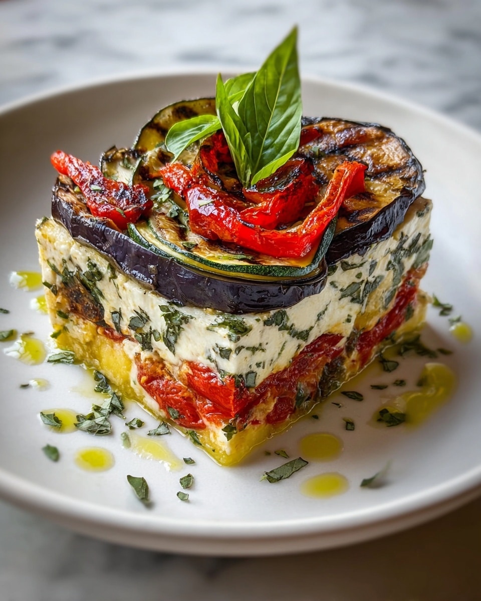 A square piece of layered vegetable dish is served on a white plate, placed on a white marbled texture surface. The bottom layer is soft, cooked yellow vegetable, likely squash or polenta, with orange roasted tomatoes and herbs scattered around it. Above this is a thick white creamy cheese layer speckled with green herbs. The next layer shows slices of grilled dark purple eggplant and green zucchini, followed by a final layer of roasted red bell peppers and some more herbs. The top is garnished with a small bunch of bright green basil leaves. The dish looks moist with a slight glistening from oil. Photo taken with an iphone --ar 4:5 --v 7