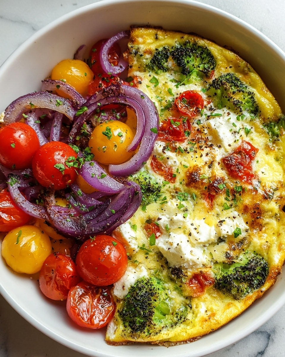 A white bowl filled with two main sections: on the right, a baked frittata with a golden yellow egg base, studded with bright green broccoli, white crumbled cheese with some golden brown spots from baking, small red cherry tomato pieces, and bits of green herbs scattered throughout; on the left, a fresh salad of whole red and yellow cherry tomatoes mixed with thin, curved slices of purple-red onion topped with small green herbs. The bowl rests on a white marbled surface. photo taken with an iphone --ar 4:5 --v 7