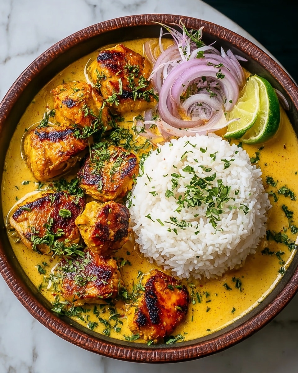A round bowl with a brown rim holds a dish with three main parts. On the left, there are six golden brown grilled chicken pieces resting in a thick, creamy yellow curry sauce that fills the bottom of the bowl. On the right side, there is a large mound of steamed white rice sprinkled with chopped green herbs. Next to the rice is a small pile of thin purple onion rings and a wedge of lime. The herbs are scattered lightly over the chicken, rice, and onion, adding a fresh green touch. The bowl sits on a white marbled surface. photo taken with an iphone --ar 4:5 --v 7