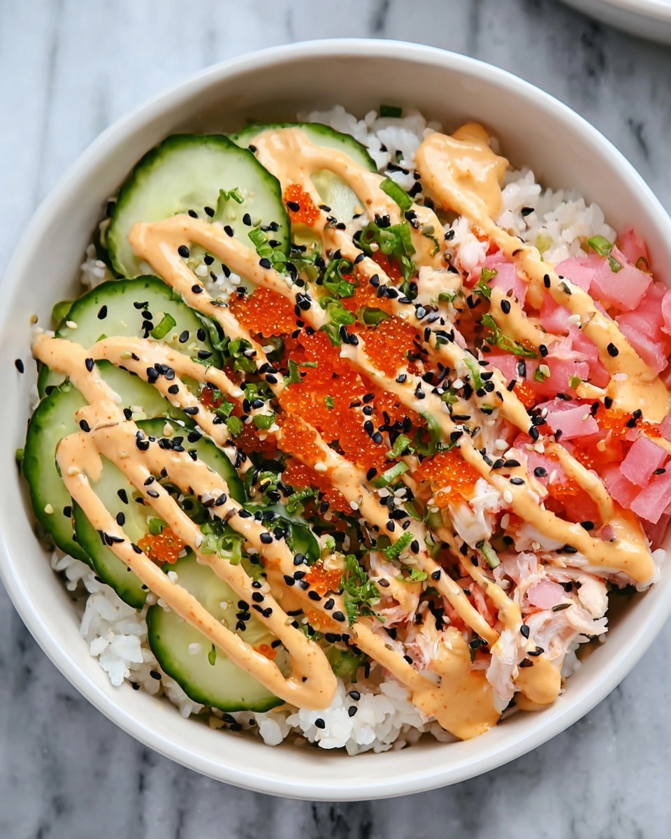 A white bowl filled with a sushi bowl showing three main sections on a bed of white rice: the left side covered with small bright orange fish roe, the center made up of bite-sized white pieces of fish topped with black sesame seeds and bright green chopped scallions, and the right side lined with thinly sliced bright green avocado. The whole bowl is drizzled with a creamy light orange sauce. In the background, another similar bowl and a white bowl with light beige sauce are visible on a white marbled surface, along with black chopsticks. photo taken with an iphone --ar 4:5 --v 7