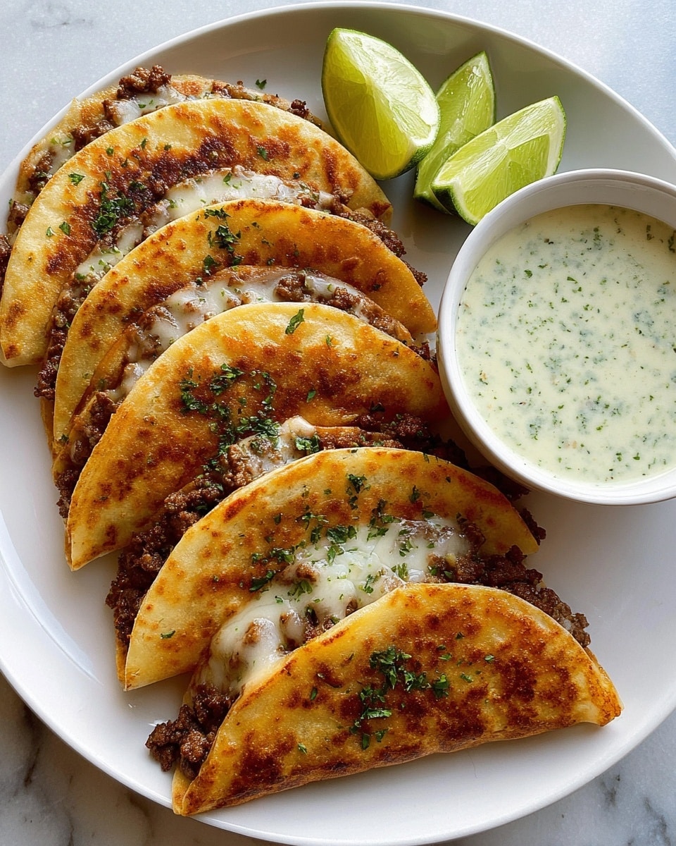 Four folded golden-brown tacos arranged in a row on a white plate, each taco showing a slightly crispy texture on the outside. Inside the tacos, melted white cheese mixes with browned ground meat, visible along the open edges. Small green herb bits are sprinkled on top of the tacos for garnish. On the side of the plate, there are two lime wedges with a light green color and a small white bowl filled with a creamy green sauce that has a smooth, slightly speckled texture. The plate sits on a white marbled surface. Photo taken with an iphone --ar 4:5 --v 7